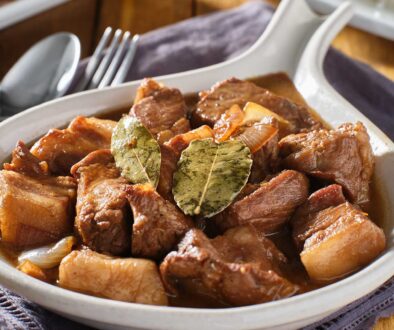 A serving platter of Filipino pork adobo