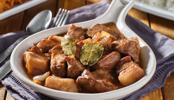 A serving platter of Filipino pork adobo