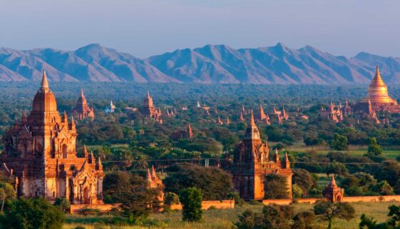 Aerial view of Stupas on the plains of Bagan, Myanmar