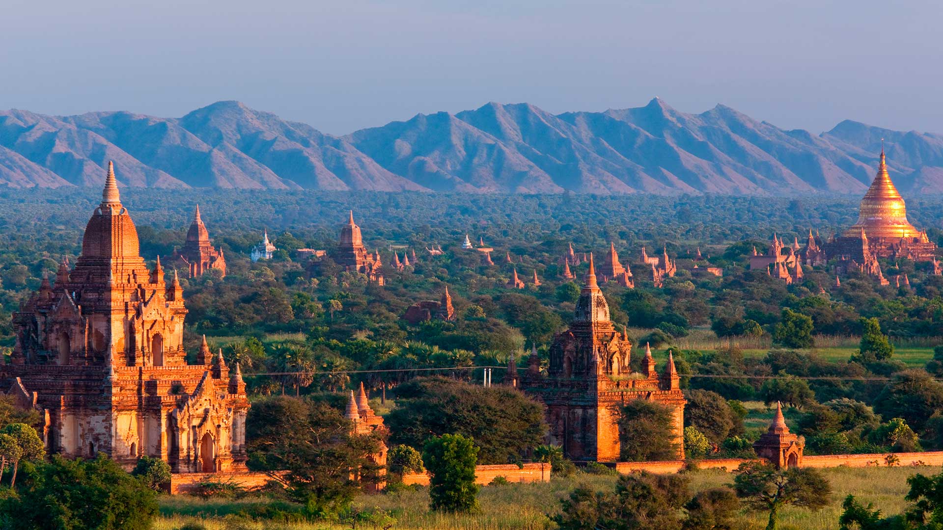 Aerial view of Stupas on the plains of Bagan, Myanmar